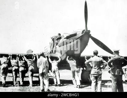 Fairey Battle light bomber, newly arrived at Waterkloof Air Base, Pretoria, for the South African Air Force, June 1940. Press photo. Original caption reads 'Latest addition to South Africa's aerial defences is this three-seater Fairey Battle bomber. Stock Photo