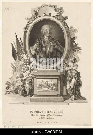 Portrait of Karel Emanuel III, king of Sardinia, Johann Esaias Nilson, 1731 - 1788 print  Augsburg paper engraving / etching historical persons. battle. armorial bearing, heraldry. armour Stock Photo