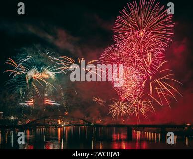 The beautiful fireworks lighting up the sky in Belgrade, Serbia. Stock Photo