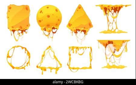 Melted cheese frames. Cartoon melting cheddar slices for fondue, dripping mozzarella for sauce or pasta, tasty dairy product. Vector isolated set. Triangle, square and circle shapes Stock Vector