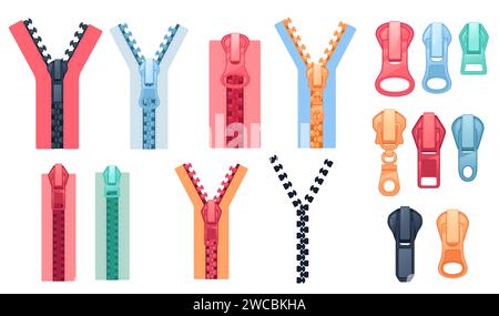 Set of fastener puller and zippers clothing textile accessories vector illustration isolated on white background Stock Vector