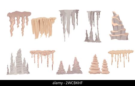 Set of cave stone mineral stalactite and stalagmites column natural growth geology formations vector illustration isolated on white background Stock Vector