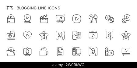 Video blogger line icons. Ifluencer social media subscription, message and comment in linear style, people acting and telling stories. Vector flat set. Editing video content, blogging concept Stock Vector