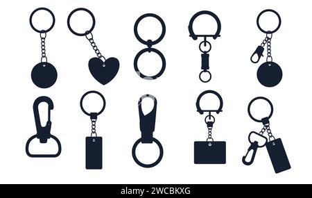 Black silhouette set of metal keychain with ring and chain vector illustration isolated on white background Stock Vector