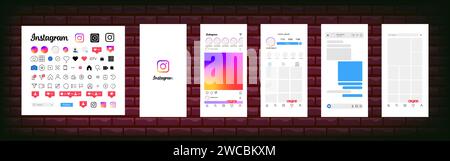 Instagram design. Set instagram screen social media and social network interface template. Instagram photo frame. Stories, liked, stream. Editorial ve Stock Vector