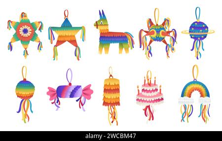 Set of colorful pinata tradition carnival toy vector illustration isolated on white background Stock Vector