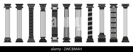 Black antique columns. Ancient roman doric columns with carved decorative elements, old greek architecture construction parts, mediterranean classic. Vector isolated set. Objects for building facade Stock Vector
