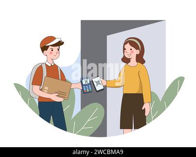 Woman client pay by scan qr code to courier delivering package by post. woman customer receive postal parcel order online from postman. Safe cashless Stock Vector