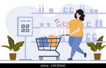 Cashless payment system. woman use mobile cashless payment system or scan qr code. Characters using digital banking service. vector illustration Stock Vector
