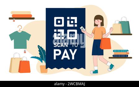 Vector Illustration, QR Code scanning Concept, Showing people scan code using smartphone, Suitable for landing page, UI, web, App intro card, and Stock Vector