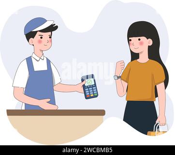 Customer use mobile cashless payment system or scan qr code. Characters using virtual credit card on smartwatch. Hand paying with POS terminals and Stock Vector