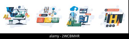 Ai generative fill. Abstract machine learning art, digital painting automation concept with chatbot ans AI prompt. Vector illustration. Robot coding on computer, creative drawing process Stock Vector
