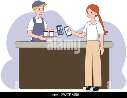 Customer use mobile cashless payment system or scan qr code. Characters using digital banking service and application Contactless pay. vector Stock Vector