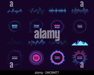 Round waveform. Circular vibration music tune, pulse beat and frequency spectrum, music studio background. Vector isolated set of vibration music waveform illustration Stock Vector