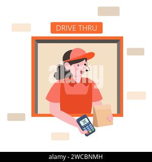 Payment from Car, Drive Thru System. Takeaway Food Service with payment system or scan qr code. Customer Purchase Goods without Leaving Auto. Vector Stock Vector