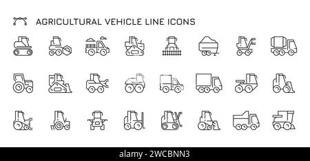 Agriculture vehicle line icons. Farm transport equipment, agriculture machinery icons, farming equipment transport pictograms. Vector isolated collection. Industrial loader, tractor set Stock Vector