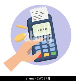 Payment machine or pos terminal, electronic bill payment and credit card with invoice or paper check receipt. Vector illustration Stock Vector