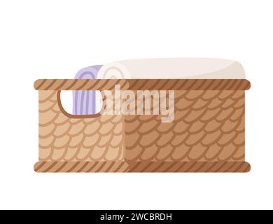 Bathroom towels in wicker spa basket vector illustration isolated on white background Stock Vector