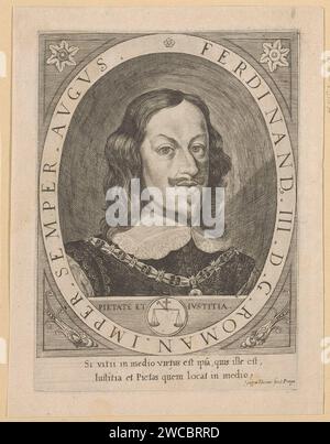 Portrait of Ferdinand III, Johann Caspar Dooms, after Franciscus de Bruyn, 1650 print A scale with a cross under the portrait. With caption in Latin. Prague paper engraving historical persons. knighthood order of the Golden Fleece - insignia of a knighthood order, e.g.: badge, chain (with NAME of order). ruler, sovereign. scales. cross as symbol of Christ Stock Photo