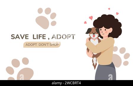 African American woman adopting dog. Banner with female hugging dog flat style, vector illustration Stock Vector