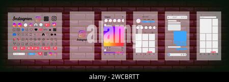 Instagram design. Set instagram screen social media and social network interface template. Instagram photo frame. Stories, liked, stream. Editorial ve Stock Vector