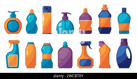 Cartoon household chemicals. Cleaning products container with liquid, spray and powder, home care chemical and sanitation concept. Vector illustration of chemical bottle for household Stock Vector