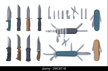 Knives and multitools. Army pliers with rubber grip survival kit, cartoon worker tool for opening bottles, screwing, cutting, trimming. Vector set of blade tool knife illustration Stock Vector