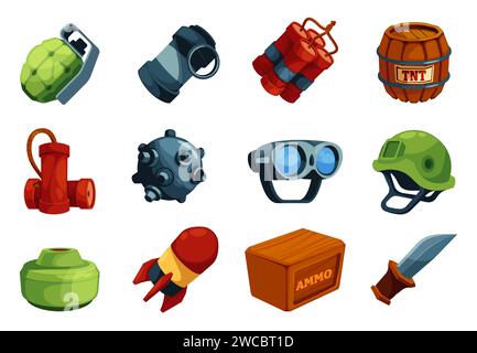 Military game icons. Cartoon weapon icons, army explosive with incendiary, war weapon and ammunition for mobile game interface. Vector set of defense helmet element, military special illustration Stock Vector