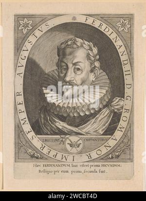 Portrait of Ferdinand II, Johann Caspar Dooms, after Franciscus de Bruyn, 1650 print Stung a crown with two pens under the portrait. With caption in Latin. Prague paper engraving historical persons. knighthood order of the Golden Fleece - insignia of a knighthood order, e.g.: badge, chain (with NAME of order). ruler, sovereign. crowning with laurel. quill. crown (symbol of sovereignty) Stock Photo