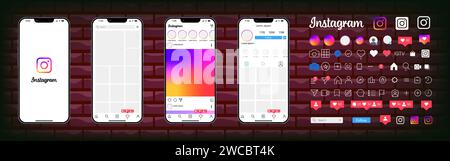 Instagram design. Set screen social media and network interface template. Photo frame. Stories, liked, stream, feedback, personal profile, chat, Reels Stock Vector