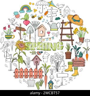 Hand-Drawn Vector Set Of Doodles On A Spring Theme, Featuring Flowers, Garden Tools, And Birdhouses Stock Vector