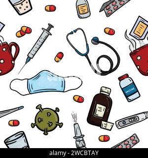 Seamless vector pattern with medical elements, drugs, viruses, pills, vaccine and cup of tea Stock Vector