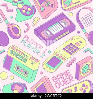 Retro gaming devices pattern. Seamless print of colorful gamepad controller, modern technology for party backdrop or wrapping paper. Vector texture of background retro game pattern illustration Stock Vector
