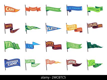 Camping pennant flags. Summer hiking expedition patch, wilderness camping motto and slogan, wild discovery and exploration logo. Vector collection of flag pennant sign for camp illustration Stock Vector