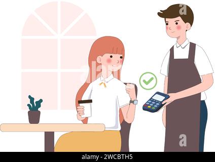 Customer use mobile cashless payment system or scan qr code. Characters using virtual credit card on smartwatch. Hand paying with POS terminals and Stock Vector