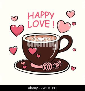 Indulge in the warmth of love with this delightful vector illustration titled 'Brewed Bliss: Cute Coffee Cup for Valentine's Day.' This charming artwo Stock Vector