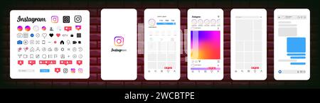 Instagram design. Set instagram screen social media and social network interface template. Instagram photo frame. Stories, liked, stream. Editorial ve Stock Vector