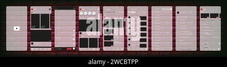 YouTube mobile interface. You Tube screen social media, video hosting interface template. Homepage, logo, recommendations, subscription, profile. Glas Stock Vector