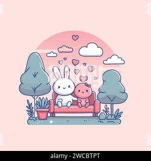 These lovable rabbit characters, brimming with charm, are surrounded by love hearts, creating an enchanting scene that captures the essence of Valenti Stock Vector