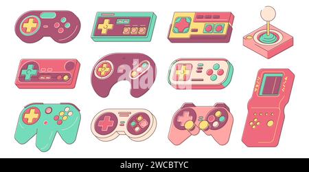 Retro gamepads. Old analog sticks for classic arcade games, 90s portable devices for gamer entertainment. Vector collection of play controller retro, technology gamer gamepad illustration Stock Vector