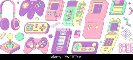 Retro electronic devices. Vintage gadgets and retro technology, film photo camera, tape recorder, mobile phone and cassette player. Vector 90s and 00s retro. Illustration of gadget device electronic Stock Vector