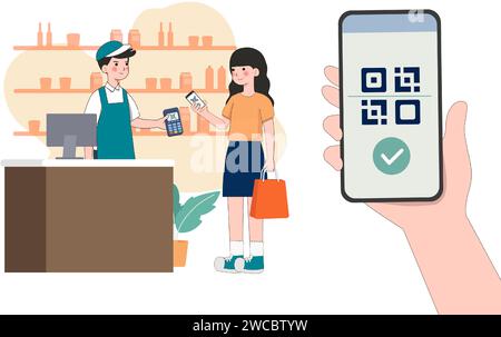 Cashless payment system. woman use mobile cashless payment system or ...