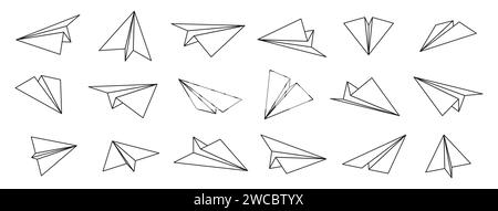 Paper planes icons. Folded origami aircraft, plane top and bottom, origami game variations. Thin paper art symbol collection. Vector set of airplane flight paper craft illustration Stock Vector