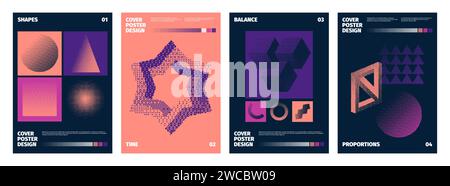 Pixel dither posters. Abstract minimalistic shapes with glitch and noise effects. Vector 90s retro bitmap cover design geometric shape futuristic, wireframe techno illustration Stock Vector
