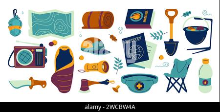 Emergency supplies. Disaster recovery kit with water bottle, canned food and flashlight, instant noodles and blanket. Cartoon preparedness concept of flashlight and survival equipment illustration Stock Vector