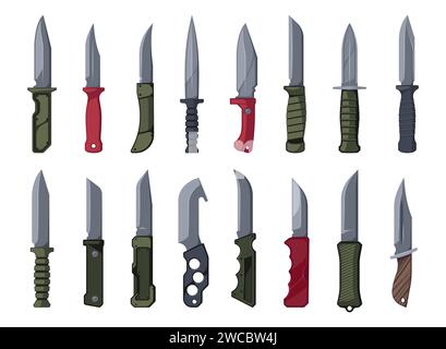 Survival knives. Cartoon hunting blade tools for camping and hiking, self defense combat utility equipment, wilderness picnic sawing. Vector flat set of knife hunting equipment illustration Stock Vector