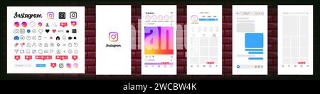 Instagram design. Set instagram screen social media and social network interface template. Instagram photo frame. Stories, liked, stream. Editorial ve Stock Vector