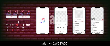 Apple music mockup. Music app. Application template on Iphone mockup. Subscription music player. Profile, Song, Album, Playlist. Pause, note, search, Stock Vector