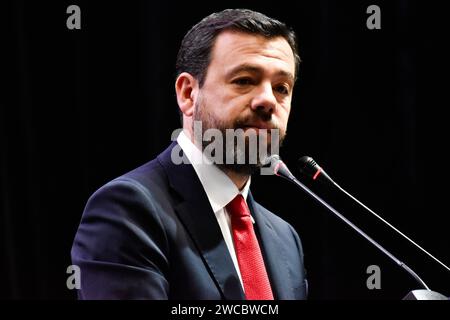 Bogota, Colombia. 15th Jan, 2024. Bogota's mayor Carlos Fernando Galan welcomes and appoints around 5.500 new teachers that will work on district schools of Bogota, Colombia, January 15, 2024. Photo by: Cristian Bayona/Long Visual Press Credit: Long Visual Press/Alamy Live News Stock Photo