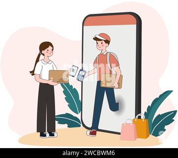 Woman client pay by scan qr code to courier delivering package by post. woman customer receive postal parcel order online from postman. Safe cashless Stock Vector
